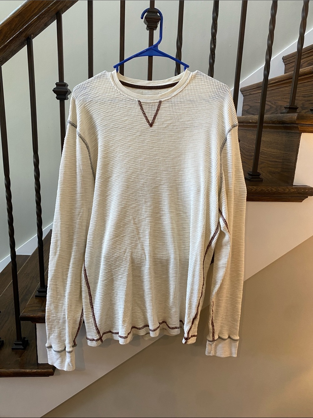 True Grit Cream Waffle-Knit Long Sleeve with Brown Contrast Stitching